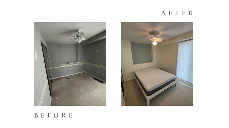 Before and after side by side photos for Moonlight Painters in St. Thomas, Ontario. Bedroom painted grey