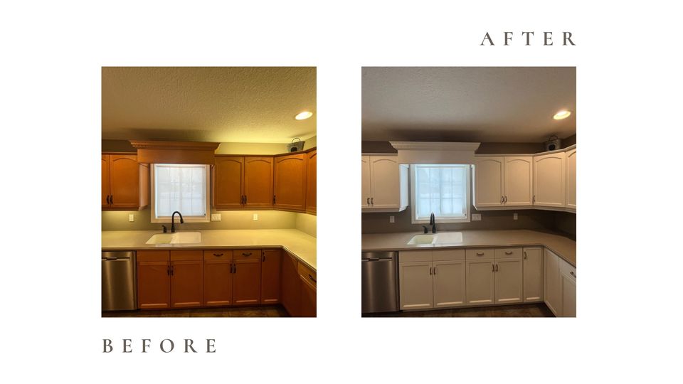 Before and after side by side photos for Moonlight Painters in St. Thomas, Ontario. Kitchen cabinets painted white