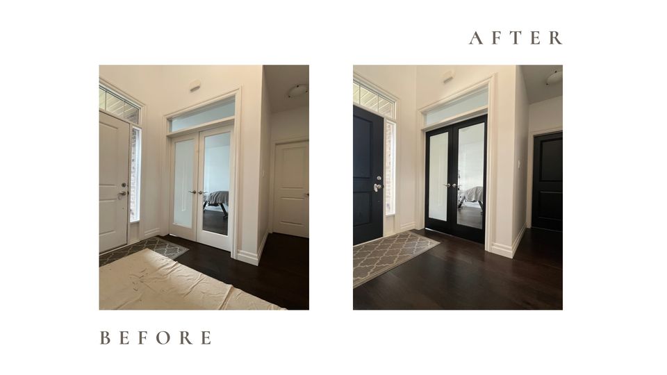 Before and after side by side photos for Moonlight Painters in St. Thomas, Ontario. Front entry French doors painted black