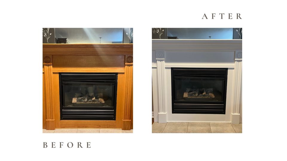 Before and after side by side photos for Moonlight Painters in St. Thomas, Ontario. Wood fireplace mantel painted white
