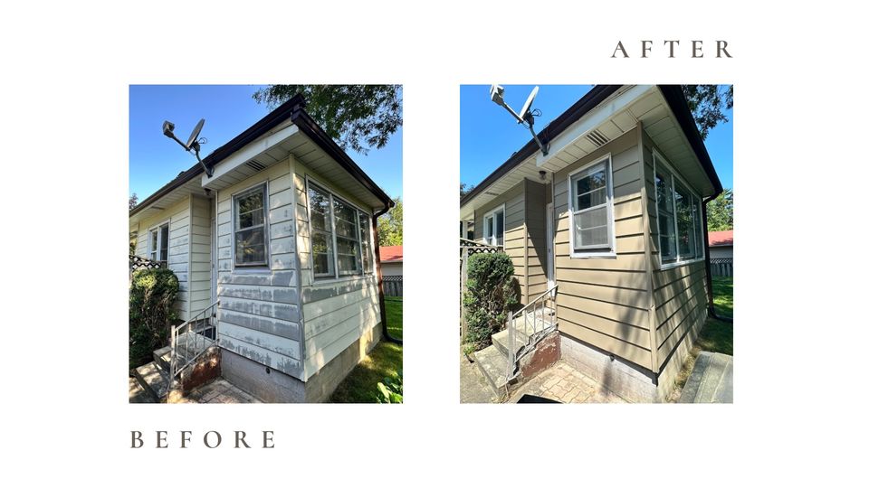 Before and after side by side photos for Moonlight Painters in St. Thomas, Ontario. Weathered house siding repainted beige