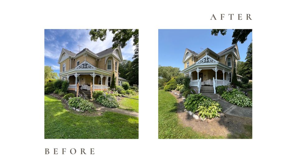 Before and after side by side photos for Moonlight Painters in St. Thomas, Ontario. Victorian house exterior trim and porch repainted