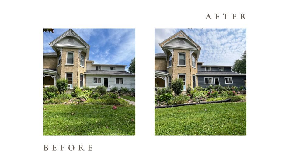 Before and after side by side photos for Moonlight Painters in St. Thomas, Ontario. Two-storey house exterior repainted