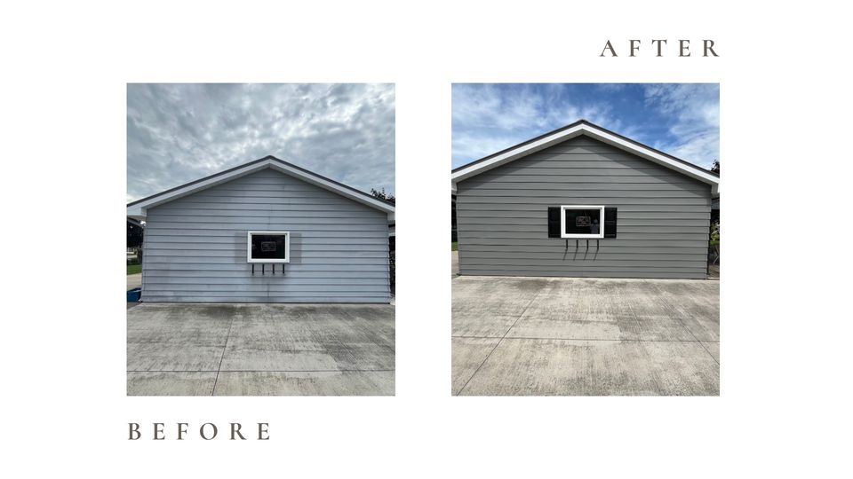Before and after side by side photos for Moonlight Painters in St. Thomas, Ontario. Garage siding painted dark grey