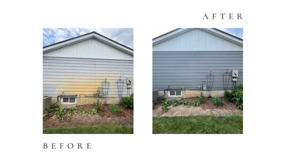 Before and after side by side photos for Moonlight Painters in St. Thomas, Ontario. House siding painted blue grey