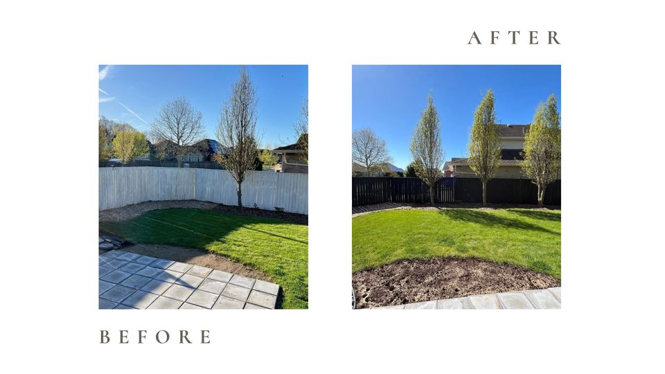 Before and after side by side photos for Moonlight Painters in St. Thomas, Ontario. Backyard fence stained dark