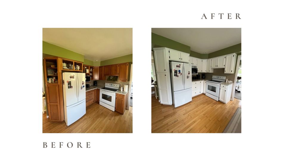 Before and after side by side photos for Moonlight Painters in St. Thomas, Ontario. Kitchen and walls painted sage green