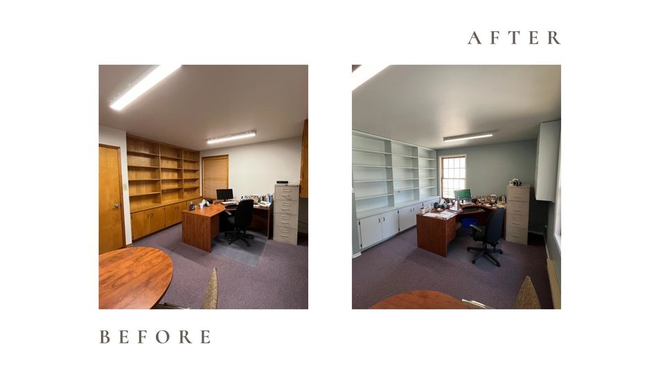 Before and after side by side photos for Moonlight Painters in St. Thomas, Ontario. Office with wood shelving painted white